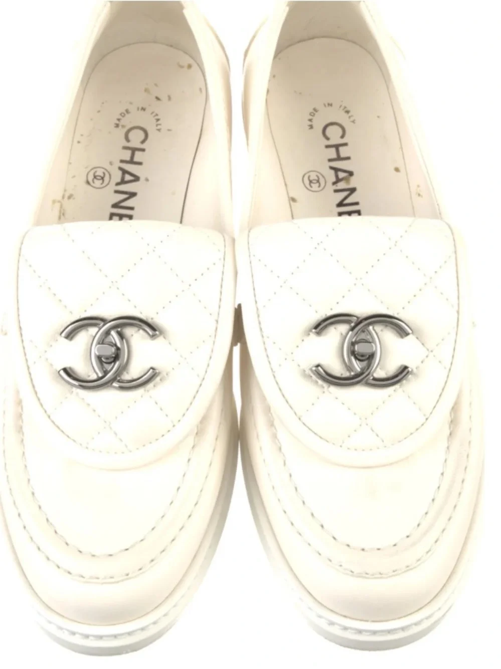 CHANEL Turnlock CC Logo Leather Loafers White 37
